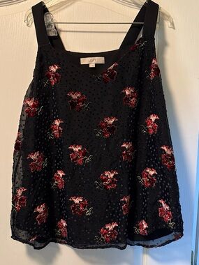 LOFT Black Floral Embroidered Camisole Blouse Top